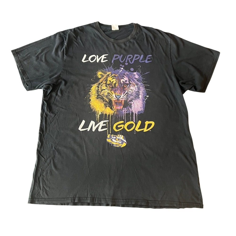 LSU Tigers Love Purple Live Gold Graphic TShirt Mens 2XL Black Cotton Tee (1059)